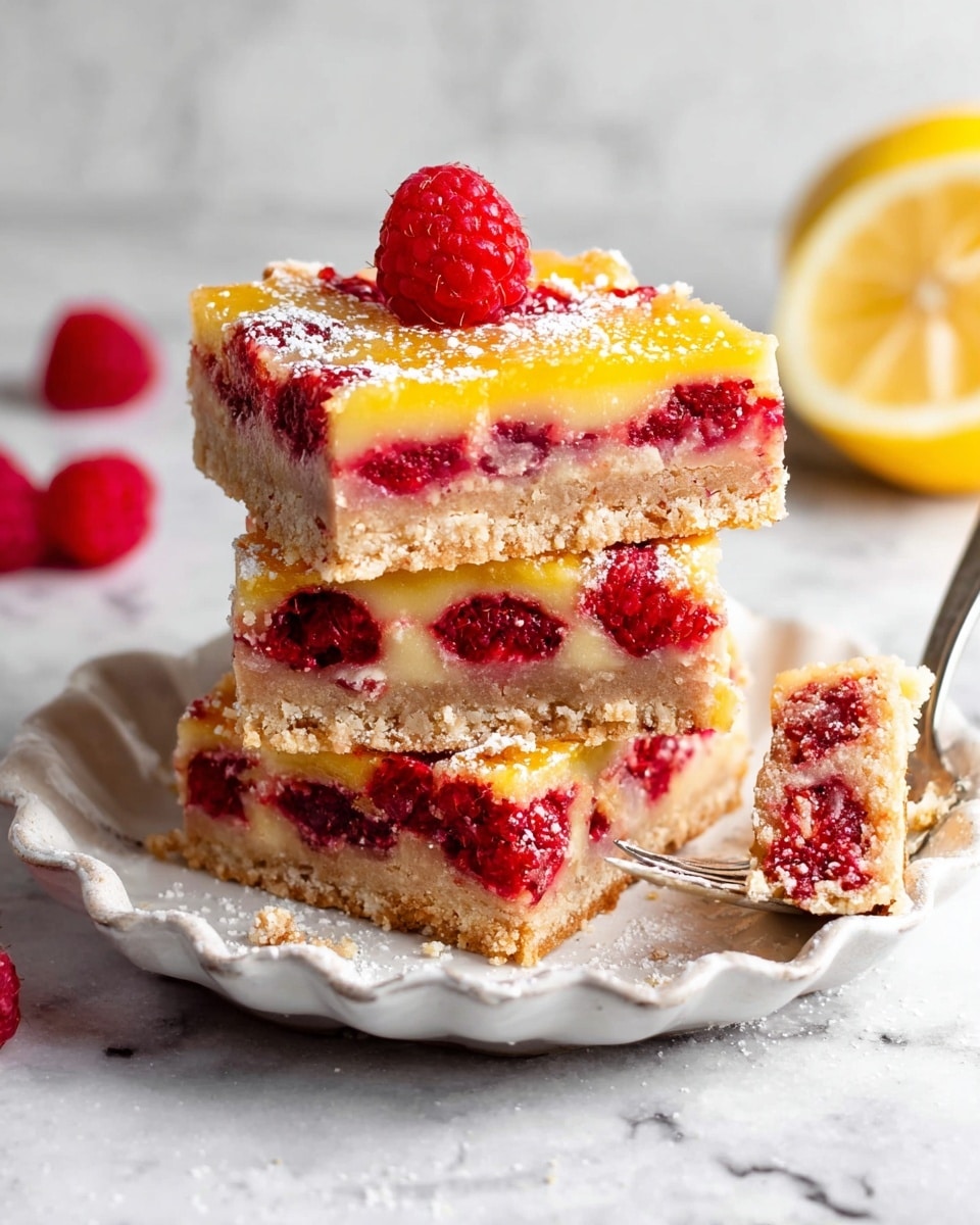 Five square pieces of a yellow cake with a smooth, shiny texture topped and studded with bright red raspberries scattered across the tops. The cake pieces have a thin, light brown crust at the bottom. Each piece is dusted lightly with white powdered sugar, adding a soft snowy touch on the raspberries and surface. They are laid on a white marbled surface, giving a clean, fresh background that emphasizes the vivid colors of the raspberries and the yellow cake photo taken with an iphone --ar 4:5 --v 7