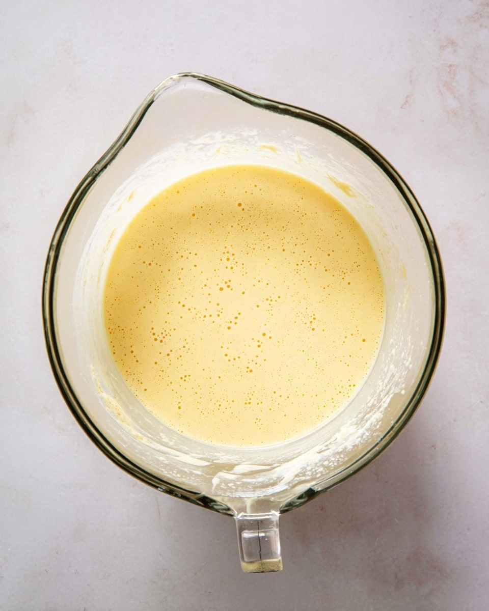 A clear glass bowl with a handle is placed on a white marbled surface, filled about halfway with a smooth, pale yellow batter that has small bubbles on its surface. The batter’s texture looks creamy and slightly thick. The inside sides of the bowl show hints of batter residue, indicating it has been mixed recently. Photo taken with an iphone --ar 4:5 --v 7