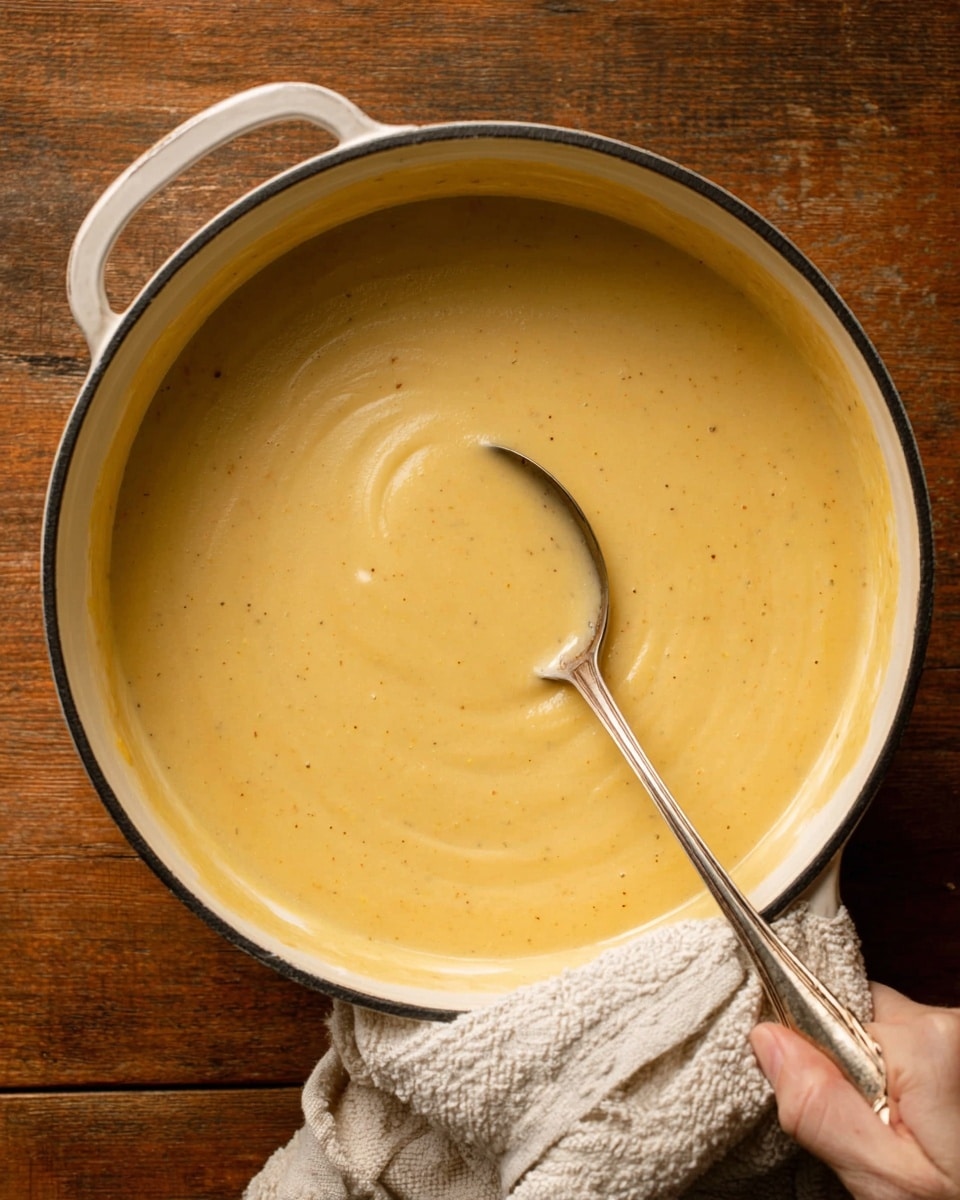A large white pot filled with smooth, creamy yellow soup that has a slightly thick texture and subtle specks throughout. A metal spoon is resting inside the pot, gently stirring the soup which shows a swirl pattern on the surface. The pot is being held by a woman's hand covered with a light textured cloth, and the background is a warm wooden surface. photo taken with an iphone --ar 4:5 --v 7