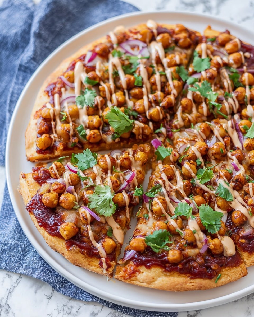 A round pizza on a white plate sits on a white marbled surface with a blue and white cloth underneath. The pizza has a golden-brown crust and is topped with small, round brown chickpeas scattered evenly across the surface. A drizzle of light beige sauce is spread over the chickpeas in thin lines creating a crisscross pattern. There are also bright green fresh cilantro leaves placed sparingly on top, with thin slices of purple onion adding a pop of color. The base sauce appears to be a deep red barbecue sauce spread evenly under the toppings. The pizza is sliced into regular triangular pieces, with one slice slightly pulled out. Photo taken with an iphone --ar 4:5 --v 7