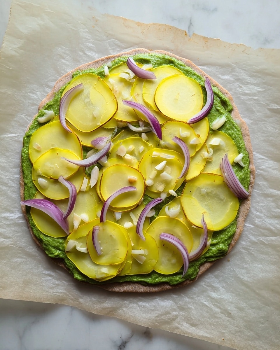 The image shows an uncooked pizza with one thin, round crust layer as the base, placed on parchment paper over a white marbled surface. On top, there is a thick, bright green sauce spread evenly over the crust. Over the green sauce, there are several large, thin yellow-green slices of squash spread in a loose pattern across the whole pizza. Scattered over these slices are thin strips of purple onion and small, off-white pieces of garlic. The arrangement appears fresh and simple. Photo taken with an iphone --ar 4:5 --v 7
