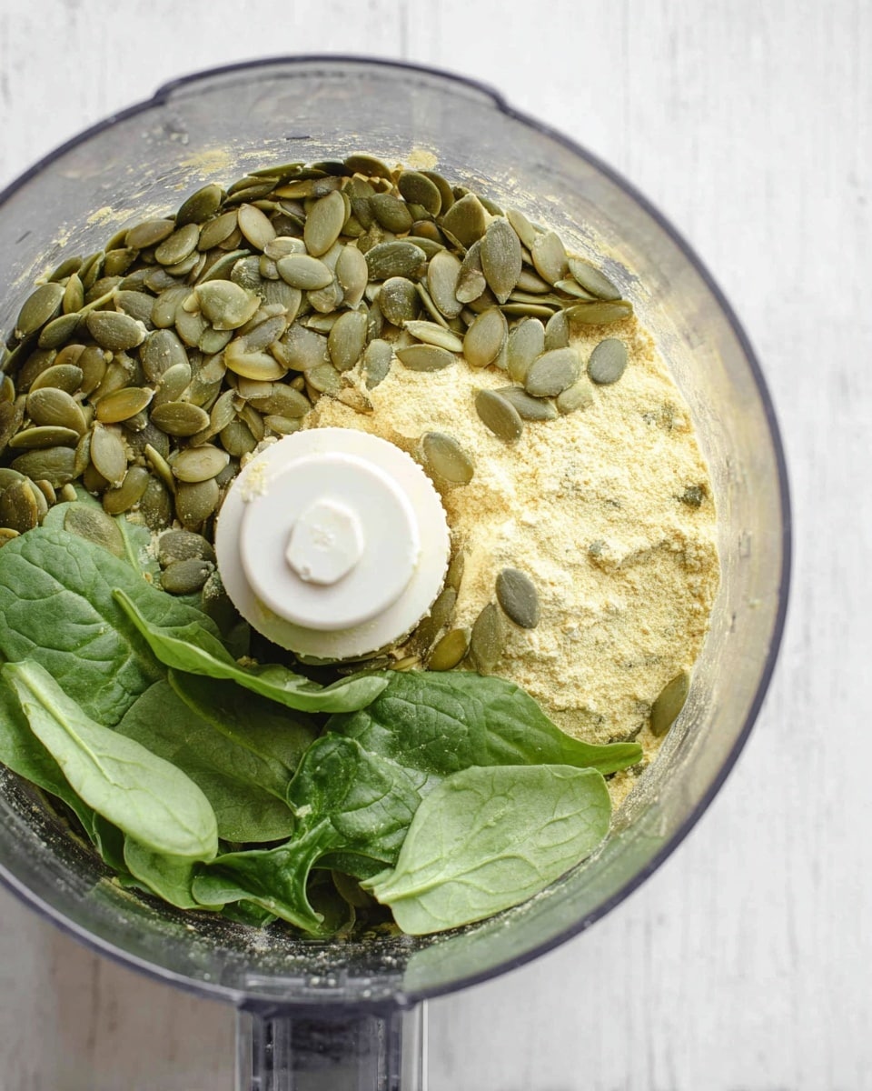The image shows a close-up top view of a clear food processor bowl containing three main layers of ingredients. The bottom layer is pale yellow powder spread unevenly around the sides. On the left side and top, there are many green pumpkin seeds loosely scattered, mixed with the powder. On the right side and bottom, fresh green leaves of spinach or a similar leafy vegetable cover part of the seeds and powder. The food processor has a white center blade holder in the middle, and the whole setup is on a white marbled surface. photo taken with an iphone --ar 4:5 --v 7