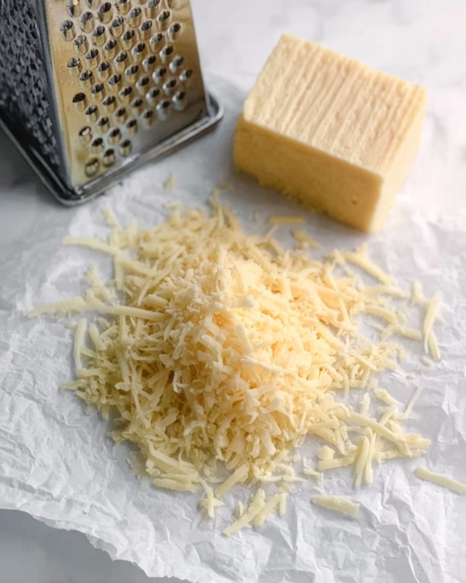 The image shows a small pile of shredded pale yellow cheese on white wax paper with thin, stringy texture. To the right of the pile is a small block of the same cheese, showing a smooth, slightly hard surface with some fine ridges. Behind the cheese is a metallic box grater with small holes, sitting on the white marbled surface. The scene is simple and clean, focused on the cheese and grater, with soft lighting highlighting the texture and color. photo taken with an iphone --ar 4:5 --v 7