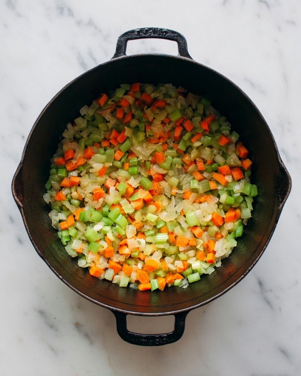 A black cast iron pot filled with a mix of small, diced vegetables including green celery, orange carrots, and translucent cooked onions. The vegetables layer evenly across the bottom of the pot, showing their soft texture and slight shine as if lightly cooked in oil or butter. The pot sits on a white marbled surface, enhancing the colors of the cooked vegetables inside. Photo taken with an iphone --ar 4:5 --v 7
