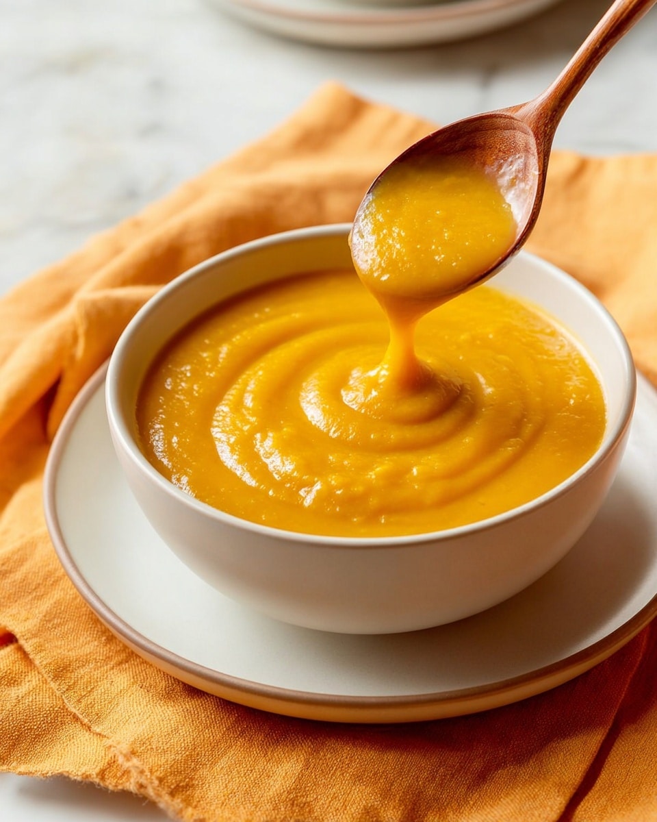 A bowl of thick, smooth orange soup fills a white bowl sitting on a matching white plate. The soup has a creamy texture with some small lumps, and there are gentle swirls on its surface made by a wooden spoon lifting some soup above the bowl. The bowl and plate rest on an orange cloth, and the background is a white marbled surface. A soft light in the background adds warmth to the scene. photo taken with an iphone --ar 4:5 --v 7