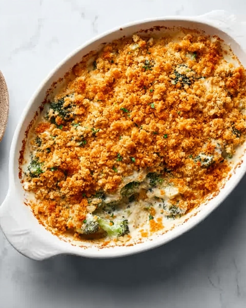 A white oval dish on a white marbled surface holds a baked casserole with three visible layers. The bottom layer includes green pieces that look like cooked broccoli with a creamy sauce above it, visible in some spots. The top layer is a crumbly, orange-colored topping that covers the entire dish unevenly, adding a rough texture. Some creamy sauce peeks through the crumbly topping in places, and there are small green herb bits scattered. The edges of the dish show a slight golden-brown crust. Photo taken with an iphone --ar 4:5 --v 7