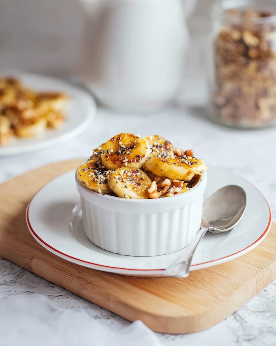 A white, fluted small bowl is filled with golden, grilled banana slices sprinkled with sesame seeds and broken walnut pieces, resting on a white plate with a thin red ring on its edge. The bowl sits on a light wooden cutting board atop a white marbled surface. To the right of the bowl is a silver spoon placed on the plate rim. In the blurry background, a white pitcher and a jar of granola stand next to a white plate carrying more grilled bananas. The lighting is soft and natural, highlighting the warm tones of the food. Photo taken with an iphone --ar 4:5 --v 7