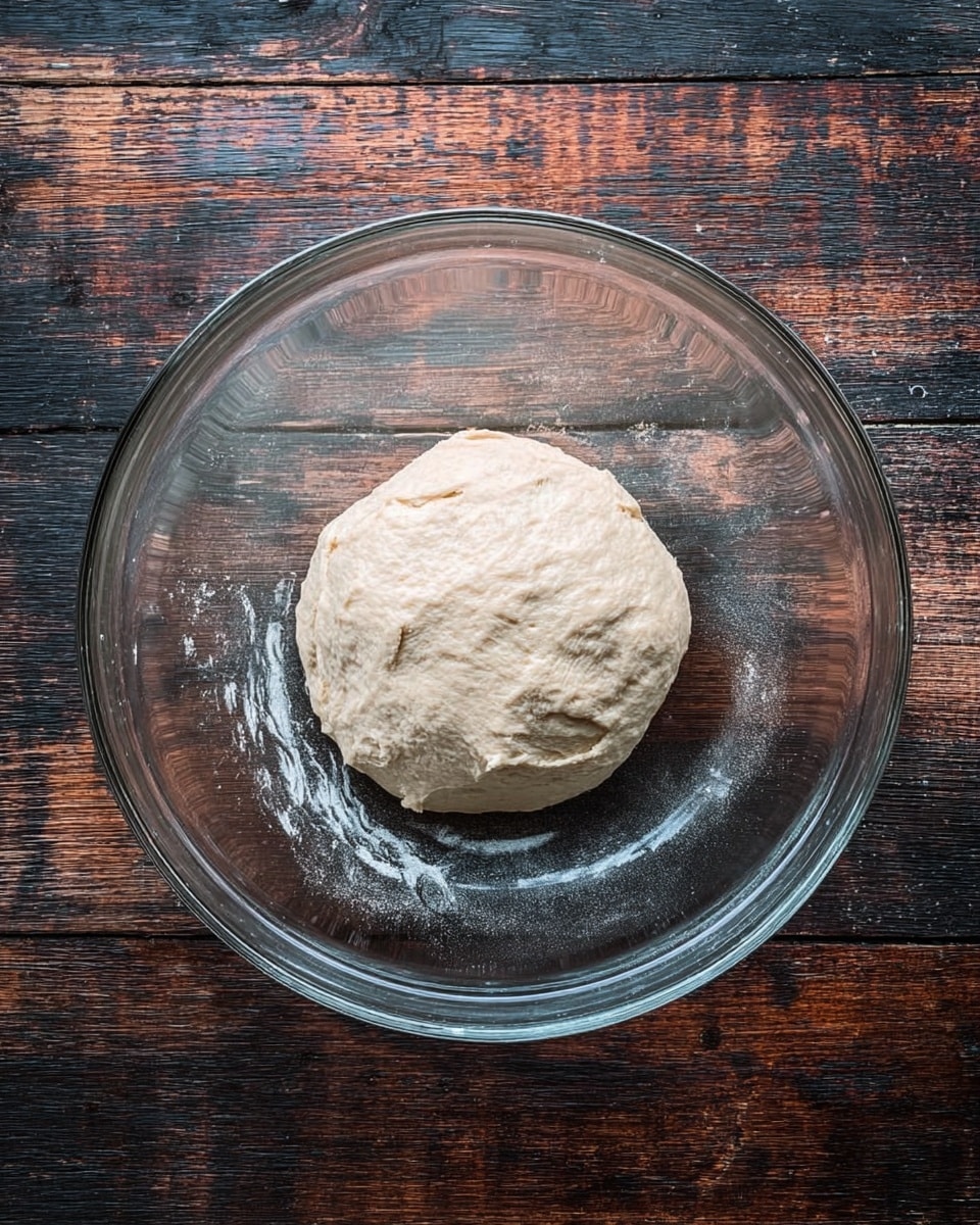 A clear glass bowl holds a single ball of dough with a slightly rough texture and light cream color placed at the center. The dough ball looks soft and smooth with faint folds and dimples. The bowl is set on a dark wooden surface with weathered markings and a rustic feel. photo taken with an iphone --ar 4:5 --v 7
