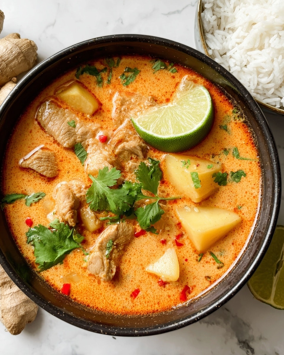 A black bowl filled with a creamy, orange-red soup containing light beige slices of cooked meat and chunks of pale yellow potatoes. On top, bright green cilantro leaves are scattered, along with two lime wedges positioned at the edges of the bowl. The soup has a smooth, slightly thick texture with visible small red chili pieces. The bowl sits on a white marbled surface, with a small portion of white rice and a piece of ginger partially visible near the bowl. Photo taken with an iphone --ar 4:5 --v 7