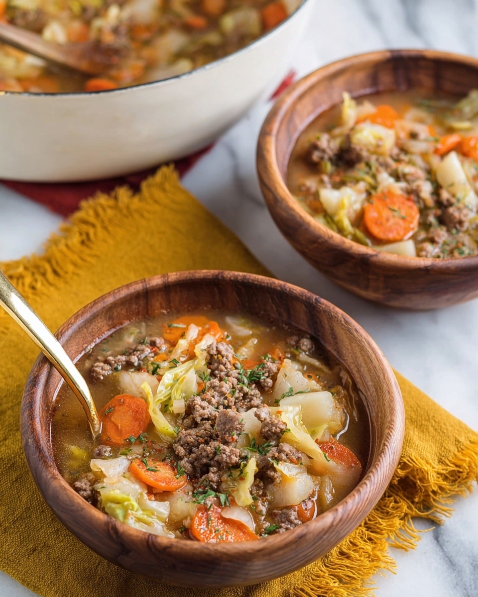 Two wooden bowls sit on a mustard yellow cloth with fringed edges on a white marbled surface. Each bowl holds a hearty soup showing multiple layers: at the bottom is a light brown broth, filled with chunks of ground meat in crumbly, dark brown pieces; scattered among the meat are soft orange carrot slices and chopped cabbage pieces that are pale green and slightly translucent. Tiny flecks of green herbs are sprinkled on top. A gold spoon rests inside the front bowl. In the blurry background, a white pot filled with the same soup is visible. Photo taken with an iphone --ar 4:5 --v 7