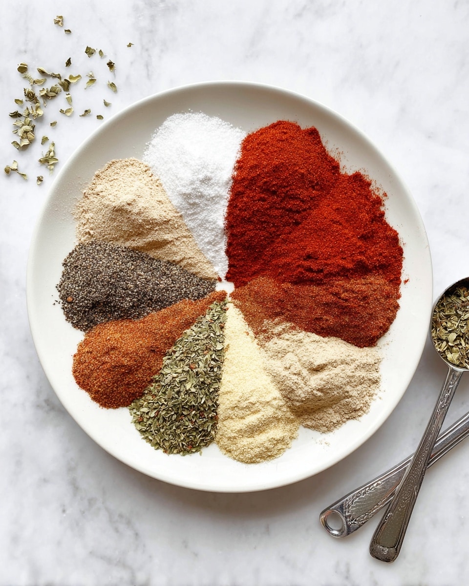 A white round plate is placed on a white marbled surface, holding eight sections of different spices arranged like a pie chart. Starting from the top and moving clockwise, the layers include a bright red powder with a smooth texture, a light beige powder with a slightly grainy texture, another red powder but a bit deeper, a sandy beige powder, finely ground black pepper with a coarse texture, dried green herbs with small leaves, another green herb but finer and needle-like, and lastly a pale yellow powder with a slightly grainy surface. Each spice section has a slight mound and soft shadows, highlighting their distinct colors and textures. Nearby, metal measuring spoons add a hint of shine. photo taken with an iphone --ar 4:5 --v 7