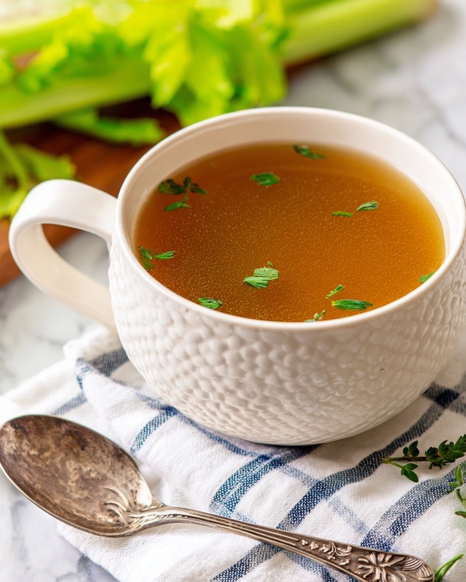 A white cup with a honeycomb texture filled with light brown broth, topped with small bright green herb pieces floating on the surface. The cup is placed on a white and blue striped cloth with a white cloth beneath it. A silver spoon with an ornate handle lies next to the cup on the cloth. In the blurred background, green celery stalks are visible, all set on a white marbled surface. photo taken with an iphone --ar 4:5 --v 7