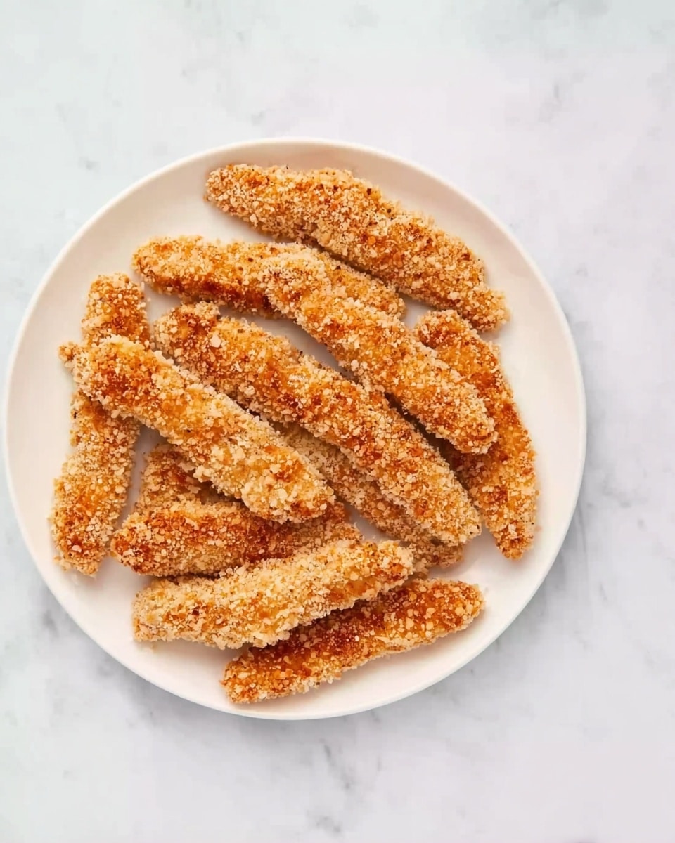 A white plate filled with several light brown breaded chicken strips arranged neatly, some overlapping each other. The breading has a rough texture with small grains and crumbs visible, giving a crunchy look. The plate sits on a white marbled surface with subtle gray veins, adding a clean and elegant background to the dish photo taken with an iphone --ar 4:5 --v 7