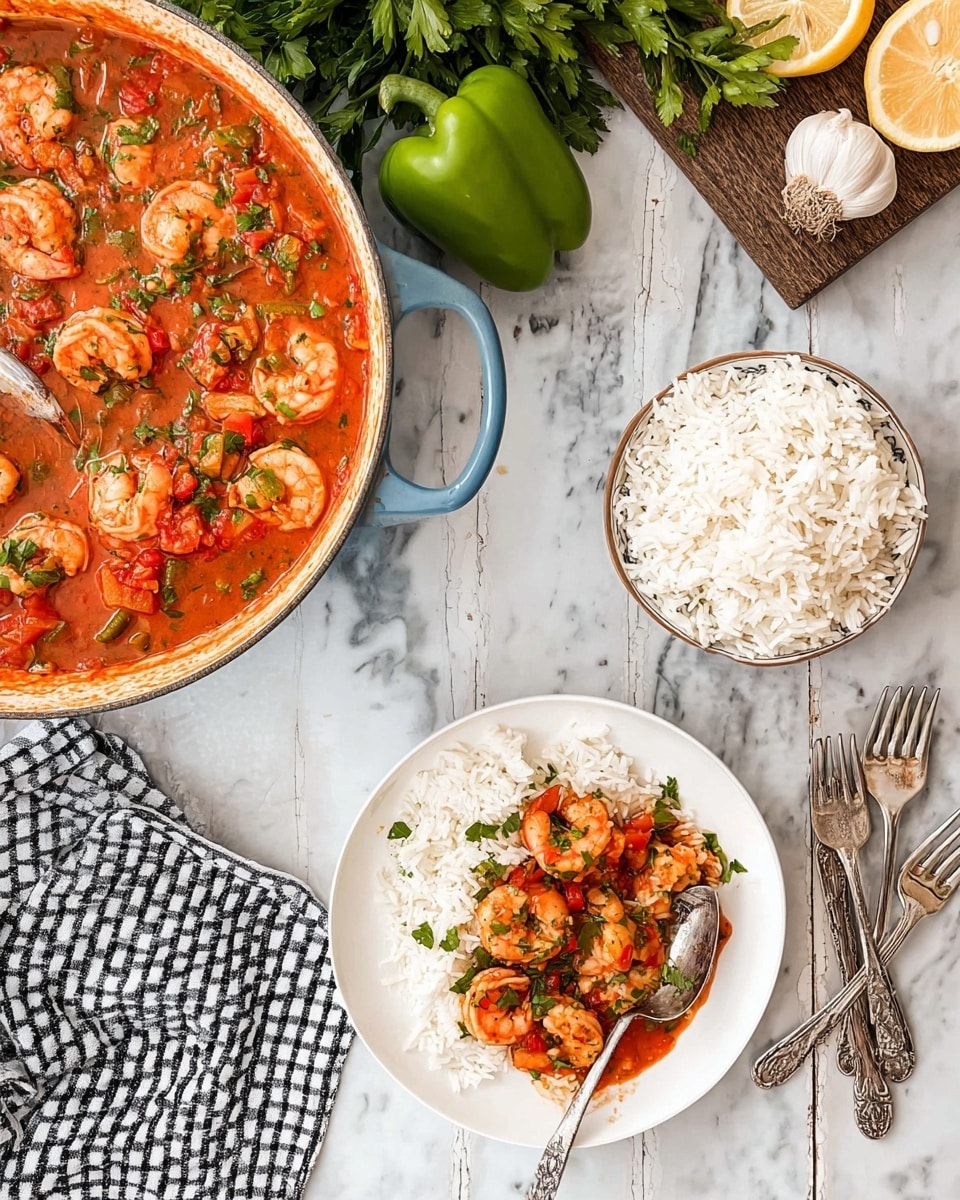 A white pot with a blue handle holds a shrimp stew with small shrimp, chopped tomatoes, green bell peppers, onions, and fresh green herbs mixed in a thick red sauce. Next to the pot is a white bowl full of cooked white rice with a silver spoon inside it. In front of the pot, a white plate contains a serving of the shrimp stew laid over a bed of white rice, with shrimp and vegetable pieces clearly visible on top. The scene is set on a white marbled surface with a whole green bell pepper, lemon half, bulb of garlic, bunch of green leafy herbs, a wooden spoon resting on a black and white checkered cloth, and two silver forks placed nearby. Photo taken with an iphone --ar 4:5 --v 7