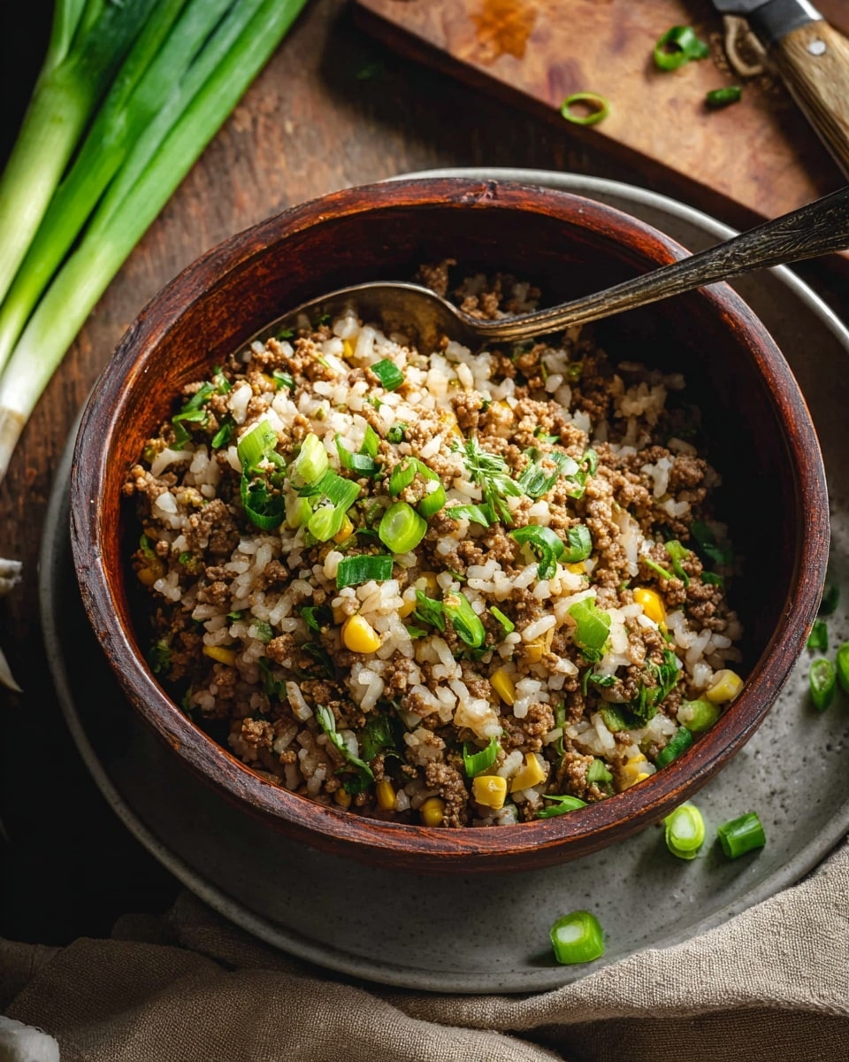 A rustic brown bowl filled with a mixed dish of white rice and brown ground meat, topped with bright green sliced scallions scattered over the top and around the bowl on a gray plate. The rice and meat mixture shows a slightly moist texture with bits of yellow corn and small green herb pieces mixed in. The gray plate sits on a white marbled surface with a brown cloth nearby and fresh whole scallions on a wooden board in the background. A vintage silver spoon rests in the bowl, ready to serve, creating a cozy and warm feeling. photo taken with an iphone --ar 4:5 --v 7