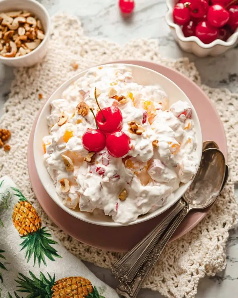 Sour Cream Salad with Mandarins, Pineapple, Marshmallows, and Walnuts Recipe