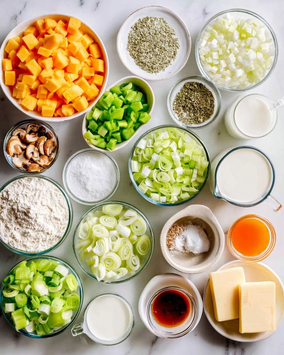 The image shows many small white bowls and clear glass bowls arranged neatly on a white marbled surface, each filled with different chopped or measured ingredients. There are bright orange-yellow chopped chunks in one bowl, light green diced vegetables in another, and finely chopped white onion pieces in a white bowl. Next to these, there are sliced green celery sticks cut into small pieces, and pale rings of sliced leek arranged in neat piles. There is a small white bowl filled with dried herbs, another bowl with a small amount of orange liquid, and one with a little dark red liquid. There are also small bowls of salt and black pepper, white flour in a shallow bowl, a bowl of light brown chopped nuts or mushrooms, a glass container of white milk, a glass cup of clear water, and three thick slices of pale yellow butter. Photo taken with an iphone --ar 4:5 --v 7