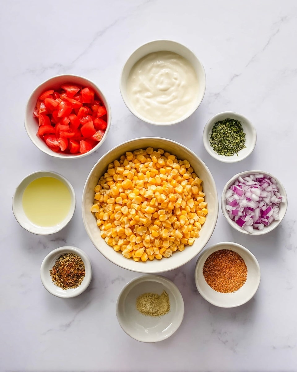 The image shows seven small bowls on a white marbled surface, each containing different ingredients for a recipe. The central and largest bowl holds bright yellow and orange corn kernels with a smooth texture. Surrounding it are six smaller white bowls: one with white creamy sauce, another with a light beige creamy sauce, a bowl of finely chopped red tomatoes, a bowl of finely chopped purple onions, a bowl with green dried herbs, a bowl with a pale yellow liquid, and a bowl with a mix of small brown and orange spices. The bowls are arranged neatly in a slight arc around the central bowl of corn. photo taken with an iphone --ar 4:5 --v 7