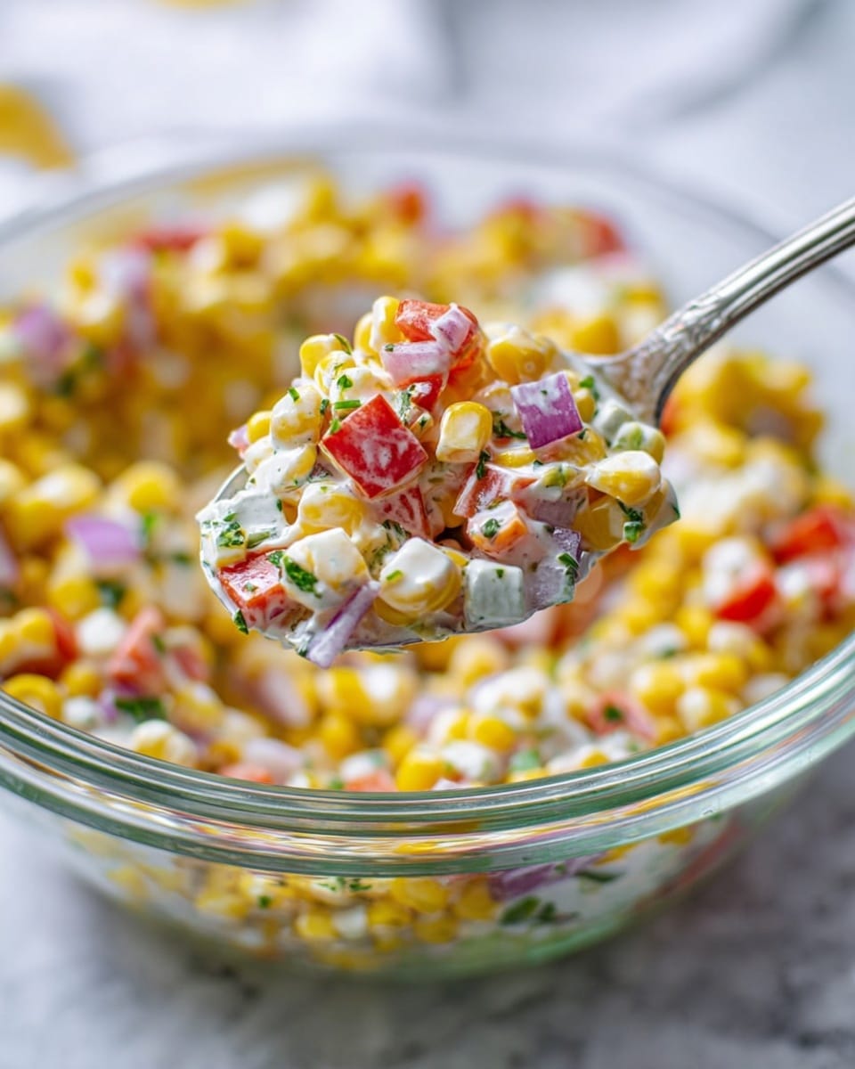 A close-up of a clear glass bowl filled with a colorful corn salad on a white marbled surface. The salad has three main layers: the bottom layer is bright yellow corn kernels, the middle layer contains chopped red bell peppers and red onions adding pops of red and purple, and the top layer has a creamy white dressing dotted with small green herbs. In the foreground, a silver spoon lifts a scoop of the mixed salad showing all the layers blended together. The image is sharp with a soft background blur, focusing on the spoonful of salad. photo taken with an iphone --ar 4:5 --v 7