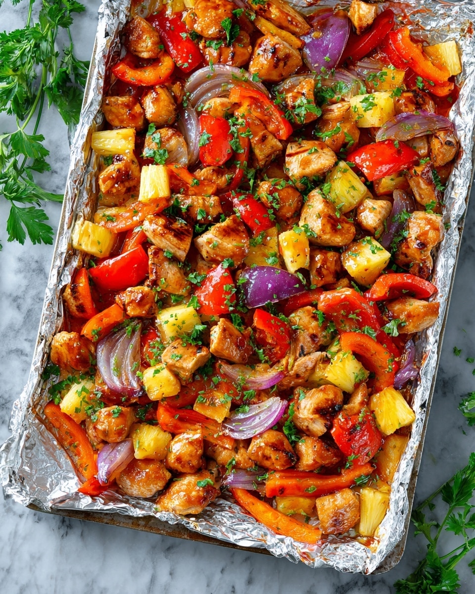 A white tray lined with shiny foil holds a colorful mix of grilled pieces: light golden brown chicken chunks, bright red and orange bell pepper slices, small yellow pineapple chunks, and purple onion wedges. The chicken pieces and vegetables have a glossy coating of sauce and are scattered evenly over the tray. Small bits of green parsley are sprinkled across the top, adding a fresh look. The tray is placed on a white marbled surface, with a few sprigs of parsley at the edges. photo taken with an iphone --ar 4:5 --v 7