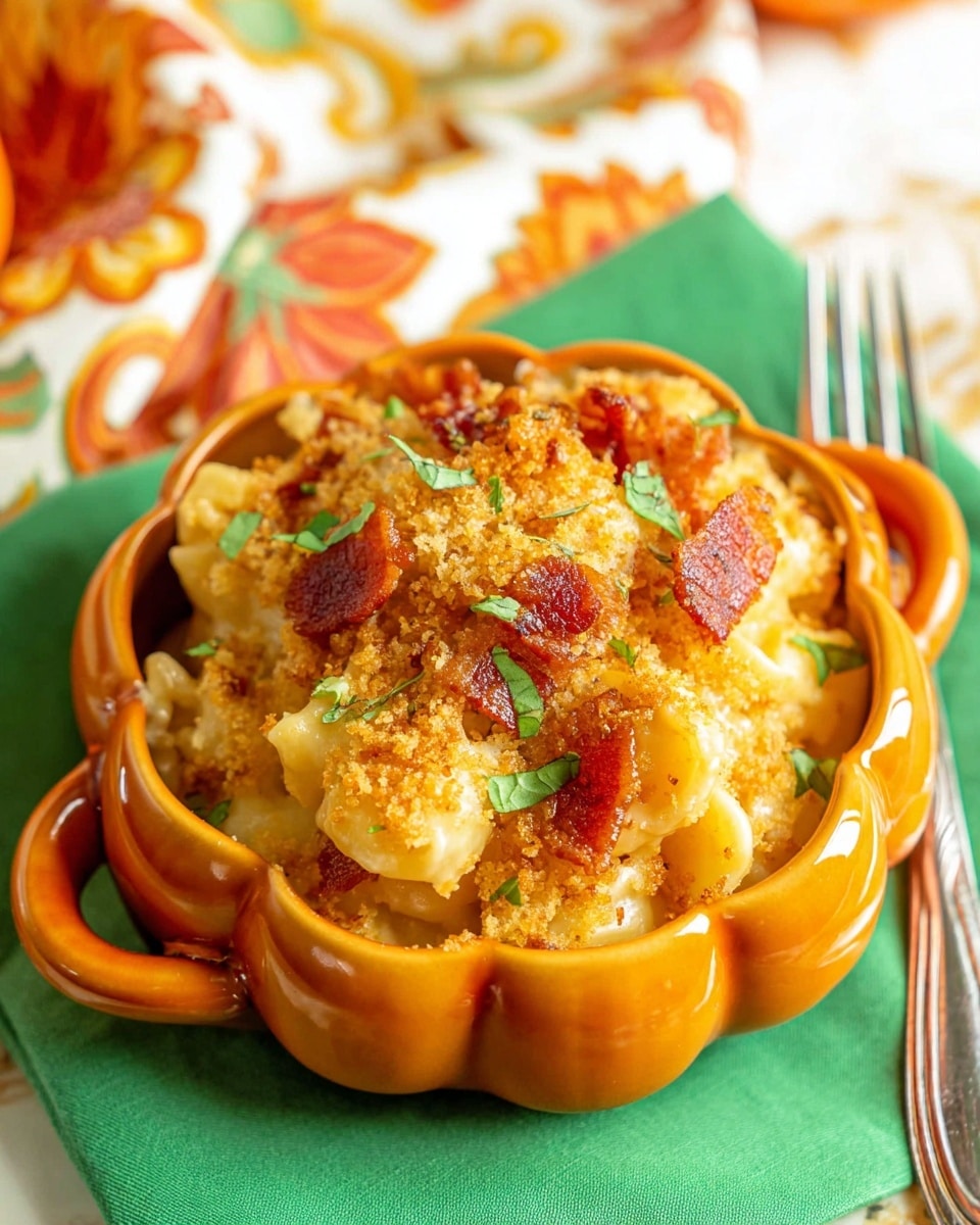 The dish is served in a small, round, orange pumpkin-shaped bowl with handles on both sides, filled with a layered mix of creamy, golden macaroni and cheese that looks rich and smooth, topped with scattered bits of crispy, reddish-brown bacon and a crunchy, golden breadcrumb layer. Small green herb pieces are sprinkled atop for a fresh touch. The bowl sits on a bright green cloth with a silver fork resting nearby, and the background shows a slightly blurred white marbled surface with hints of orange and green from a patterned cloth. Photo taken with an iphone --ar 4:5 --v 7