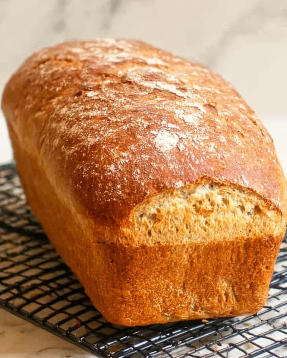 A whole loaf of bread with a golden brown crust sits on a black cooling rack. The bread has a slightly rough texture on the top with small cracks and a light dusting of flour, giving it a homemade feel. The sides are smooth and evenly baked, showing a soft, fluffy inside just barely visible at the edges. The background is a white marbled surface. photo taken with an iphone --ar 4:5 --v 7
