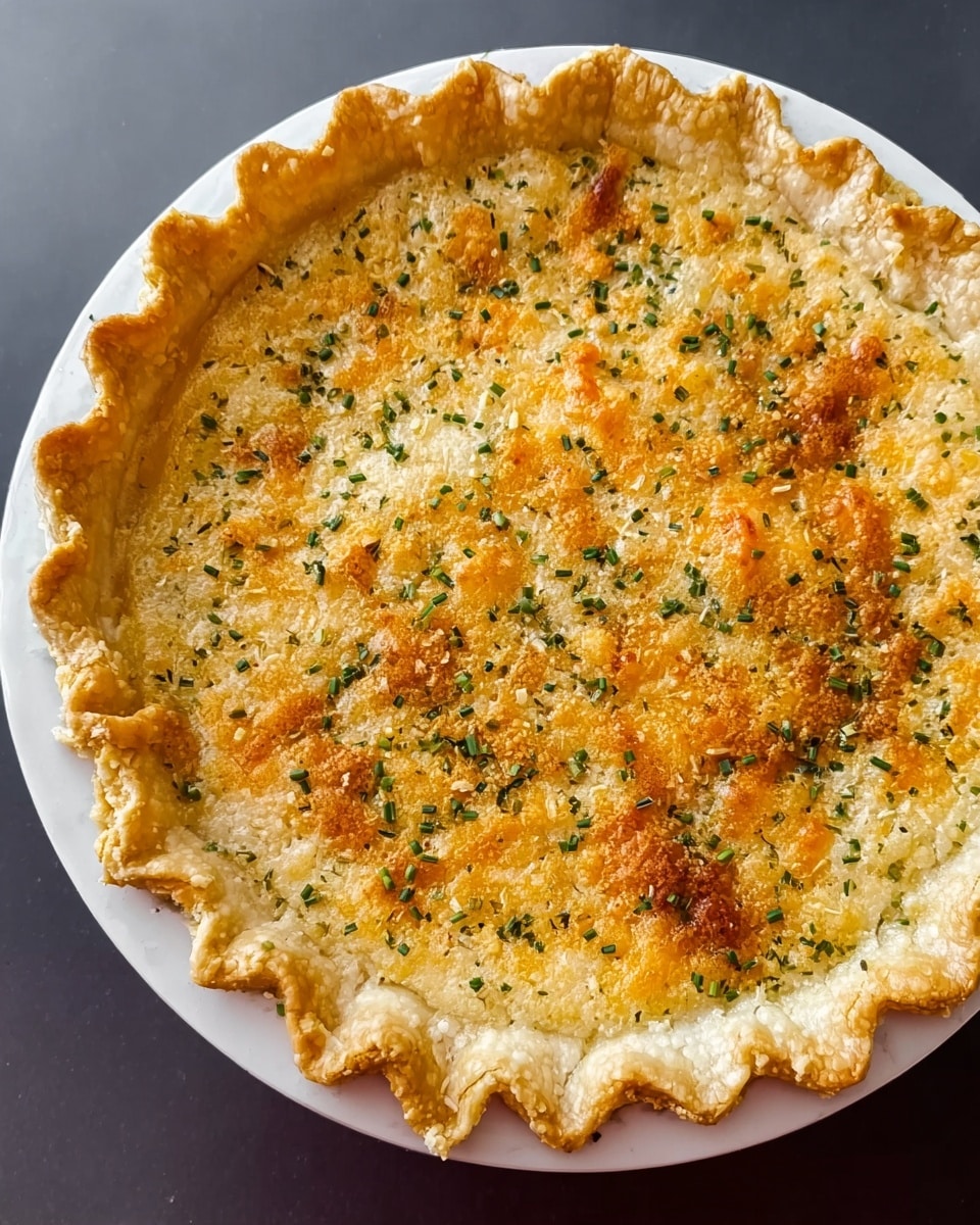 A whole baked pie with a golden-brown top crust that has a slightly crimped edge around the round white plate. The crust is sprinkled with small green herbs and fine crumbs, creating a textured look with some hints of melted cheese or butter spots. The pie sits on a white marbled surface, showing the even browning and crispness of the crust. Photo taken with an iphone --ar 4:5 --v 7