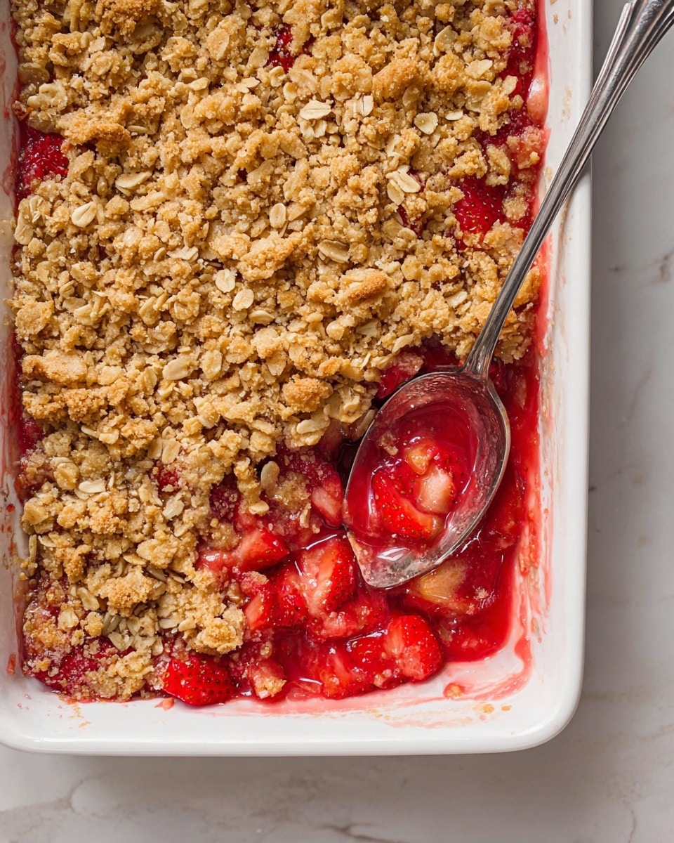 This image shows a white rectangular baking dish filled with a strawberry crumble. The dish has two main layers: the bottom layer is bright red with juicy, soft strawberries, and the top layer is a crumbly, golden brown mix of oats and small chunks of baked dough, evenly spread. The crumble topping looks crispy with visible oat flakes, and a silver spoon is placed on the right side, scooping into the dessert revealing the thick red strawberry filling underneath. The dish is placed on a white marbled surface. photo taken with an iphone --ar 4:5 --v 7