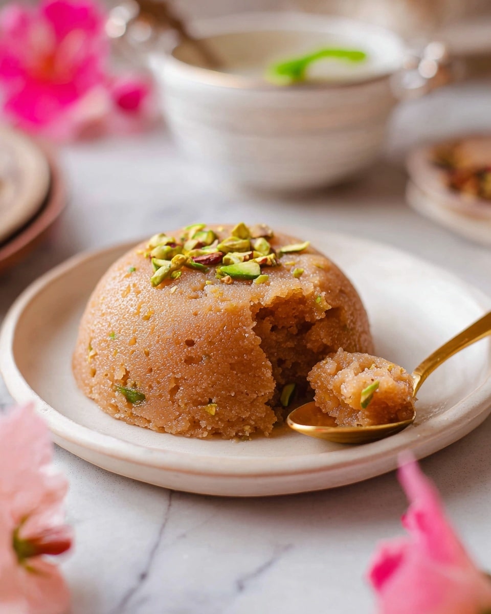 The image shows a single dome-shaped, soft brown sweet on a white plate. The sweet has a grainy texture with small green slivers, likely nuts, sprinkled on top and inside. A golden spoon with a small scoop of the sweet rests on the plate’s edge. The plate sits on a white marbled surface, with a blurred background including a white bowl with green garnish and some soft pink flowers in the foreground. photo taken with an iphone --ar 4:5 --v 7