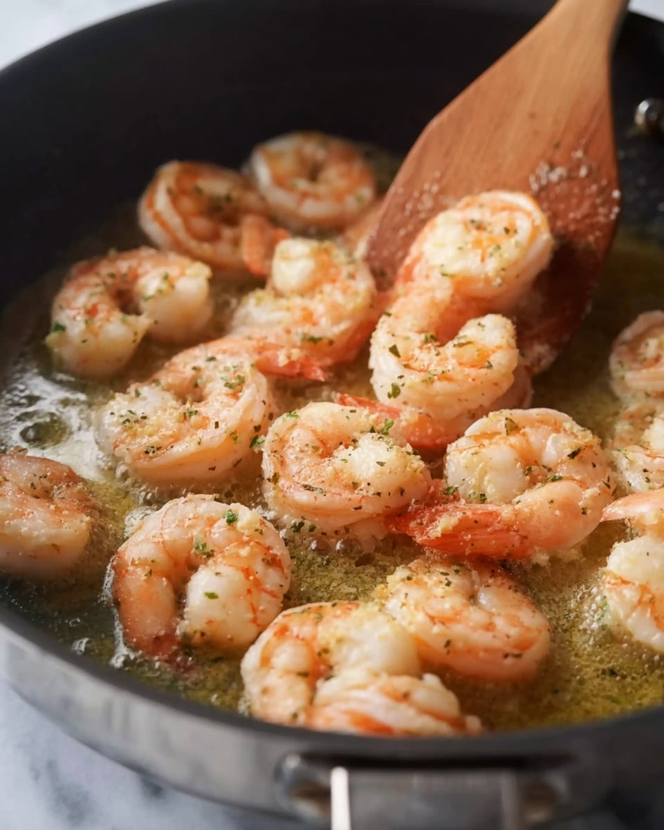 A close-up view of a frying pan with several shrimp cooking in melted butter and seasoning. The shrimp are light pink with some orange spots and small flecks of green herbs, showing a slightly shiny and moist texture. In the upper right corner, a wooden spatula is gently stirring the shrimp, providing a warm brown contrast to the scene. The pan has a metallic interior and black exterior, set against a white marbled surface. photo taken with an iphone --ar 4:5 --v 7