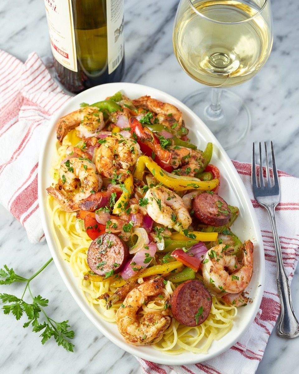 A white oval plate sits on a white marbled surface holding a colorful shrimp and sausage pasta dish. The bottom layer is light yellow pasta strands spread evenly across the plate. On top, there are slices of brownish-red sausage, pinkish-orange cooked shrimp curled on each side, and chunks of grilled pale tan chicken pieces. Mixed in are long strips of bell peppers in green, red, and yellow with some bits of red onions. All the ingredients are sprinkled with fresh green parsley. Nearby is a glass of light yellow wine and a white cloth napkin with red stripes, with a bottle of wine standing behind them. photo taken with an iphone --ar 4:5 --v 7