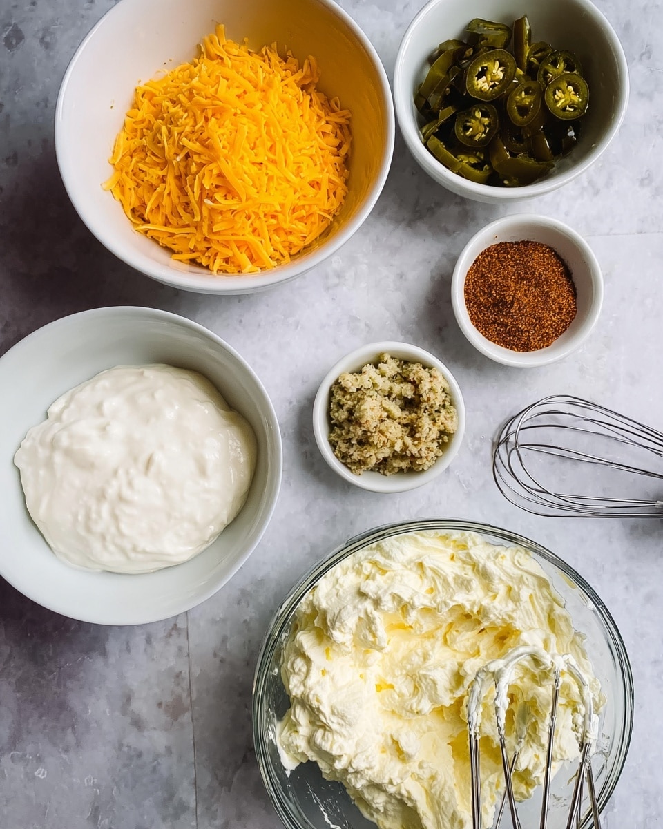 The image shows six bowls arranged on a white marbled surface. The top left bowl is white, filled with shredded bright orange cheddar cheese. Below it is a white bowl containing a crumbly, beige mixture with small green bits. To the right of these is a small white bowl of dark green jalapeño slices. Next to it is another small white bowl with reddish-brown seasoning powder. Below these is a glass bowl of white sour cream, smooth and creamy. At the bottom right is a larger glass bowl filled with fluffy, pale yellow whipped cream cheese, with an electric mixer and its beaters resting on the edge. Photo taken with an iphone --ar 4:5 --v 7