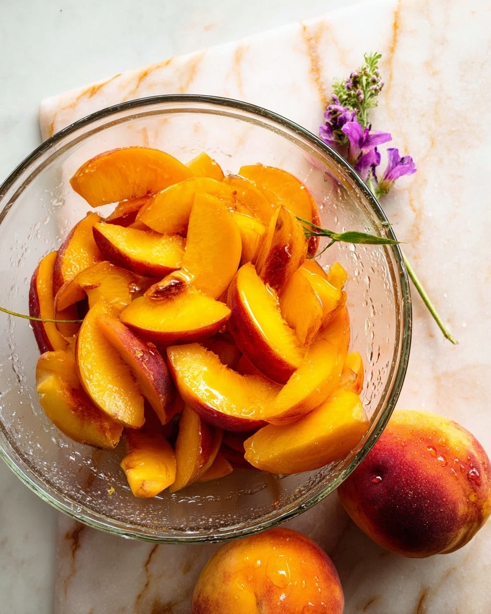 A clear glass bowl filled with many slices of bright orange peaches, each slice showing smooth, juicy texture with soft red blush near the peel, placed on a white marbled surface. Next to the bowl, there are two whole peaches with a fuzzy skin, one with a bit of water drops on it, adding freshness. A thin green twig with a small purple flower rests on top of the peach slices inside the bowl, adding a touch of color contrast. The whole scene is bright and fresh looking, photo taken with an iphone --ar 4:5 --v 7