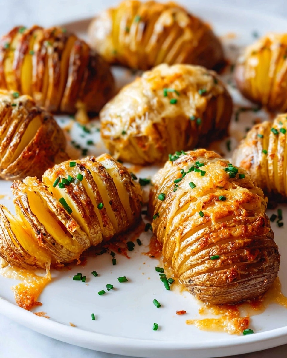 Several baked Hasselback potatoes are placed on a white plate over a white marbled surface. Each potato has many thin, crispy layers that create a fan shape, showing soft inner yellow tones and slightly browned skin edges. Melted golden cheese is layered on top and oozes between the slices, with some cheese pooling and crisping on the plate beneath. Small green chopped chives are sprinkled over the potatoes and plate, adding a fresh touch. The overall look is warm, crispy, and inviting. photo taken with an iphone --ar 4:5 --v 7