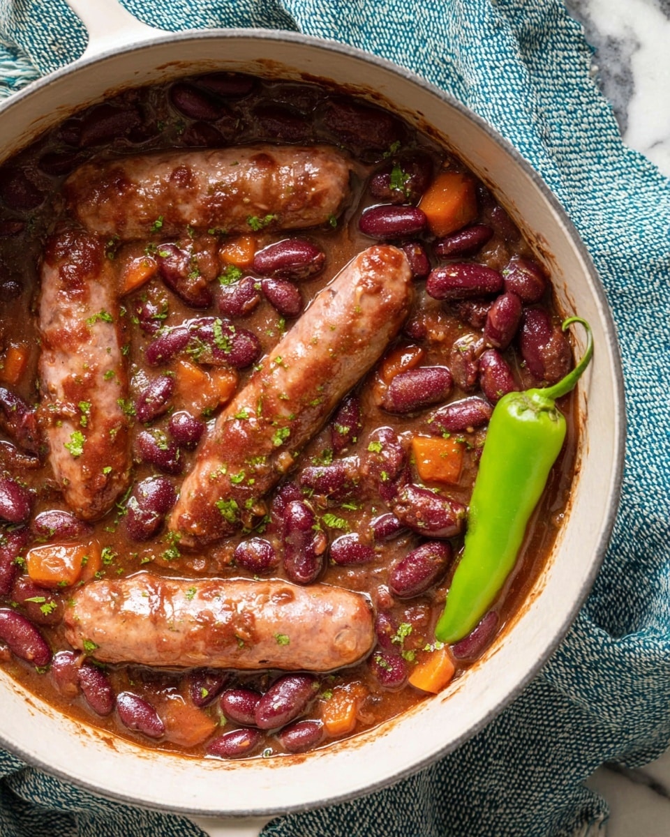 A white pot filled with a thick stew that has three light brown sausages floating on top, surrounded by dark red kidney beans and small pieces of orange carrots. The stew looks rich and slightly shiny with small green herb sprinkles scattered over it. A whole green pepper sits on one side of the pot, resting on the stew. The pot is placed on a blue and white textured cloth with a white marbled background showing around the edges. photo taken with an iphone --ar 4:5 --v 7