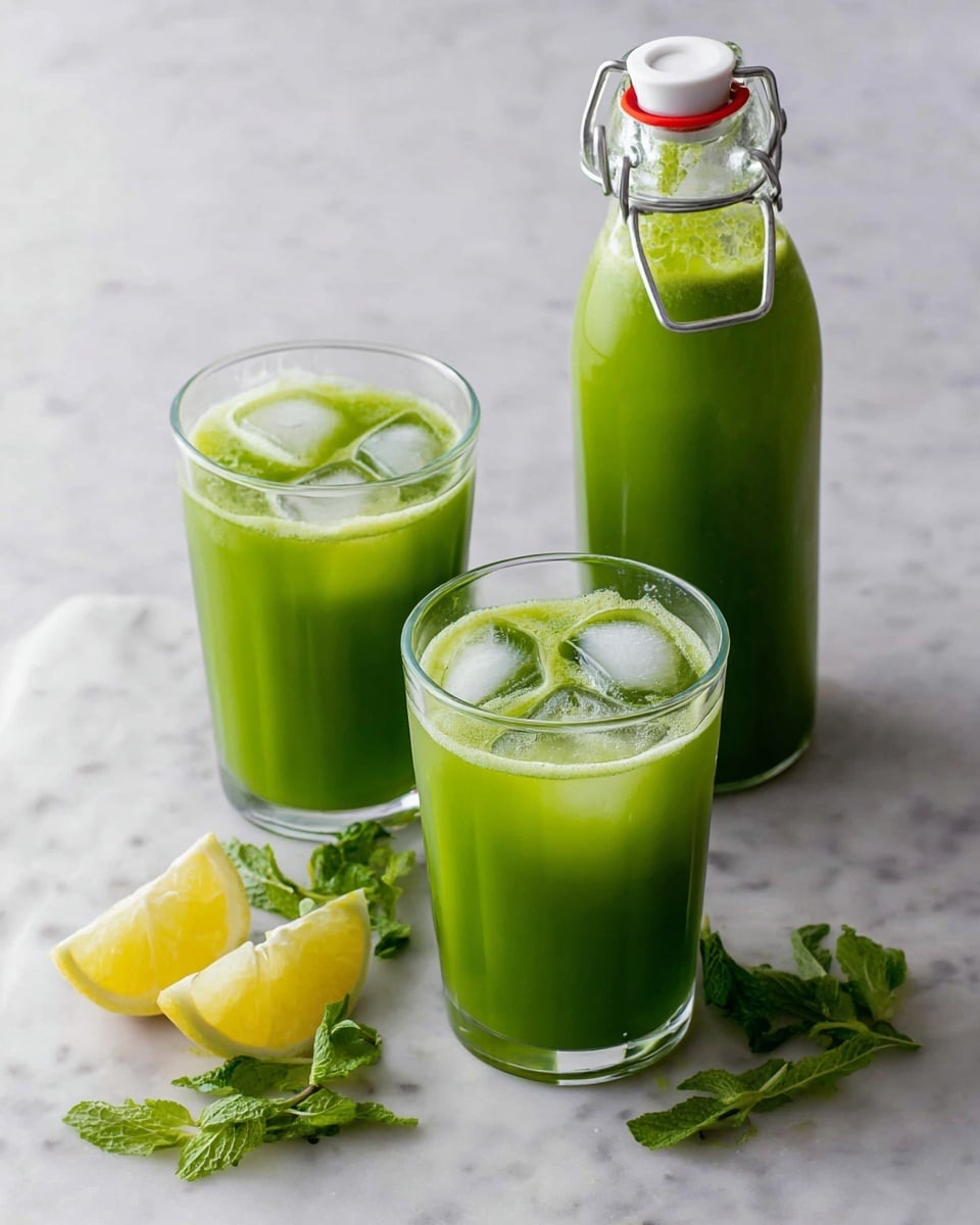 The image shows three tall clear glasses filled with bright green juice and large ice cubes floating on top. The juice looks smooth and thick, with condensation visible on the outside of the glasses. The glasses are arranged on a white marbled surface with scattered green mint leaves and two yellow lemon wedges around them. In the background, a larger glass container is partially visible, also holding the same green juice with ice. The colors are vibrant, with the green of the juice and mint, and the yellow of the lemon wedges standing out against the white marbled surface. photo taken with an iphone --ar 4:5 --v 7