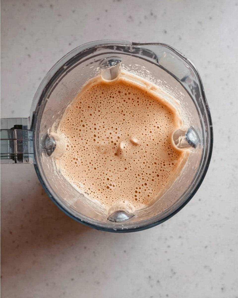 A clear blender jar filled with a light beige liquid mixture with small bits floating in it, showing a bubbly and smooth texture on top. The blender is placed on a white marbled surface, and the view is from above, focusing on the contents inside. Photo taken with an iphone --ar 4:5 --v 7