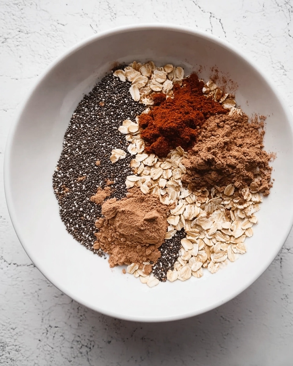 A white bowl filled with layers of dry ingredients arranged in small piles. The base layer consists of black chia seeds spread mostly on one side, with scattered light brown rolled oats covering parts of the other side. There are three separate heaps of brown powders placed on top of the chia seeds and oats; one is a deep reddish-brown cocoa powder, another a light brown powder, possibly protein or cinnamon, and a smaller pile of a slightly darker brown powder. The bowl sits on a surface with a white marbled texture. photo taken with an iphone --ar 4:5 --v 7