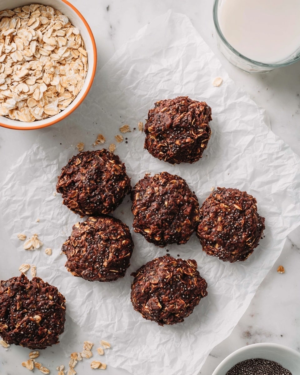 Seven round, dark brown oat cookies with visible oats and small chia seeds are placed on crinkled white parchment paper. The cookies have a rough texture, each about the same size and thickness, arranged in a casual cluster. Around the cookies, there are two white bowls—one with rolled oats and one with chia seeds—and a glass on the top right corner containing a white liquid. The scene is set on a white marbled surface with soft natural light, showing a simple and clean setting photo taken with an iphone --ar 4:5 --v 7