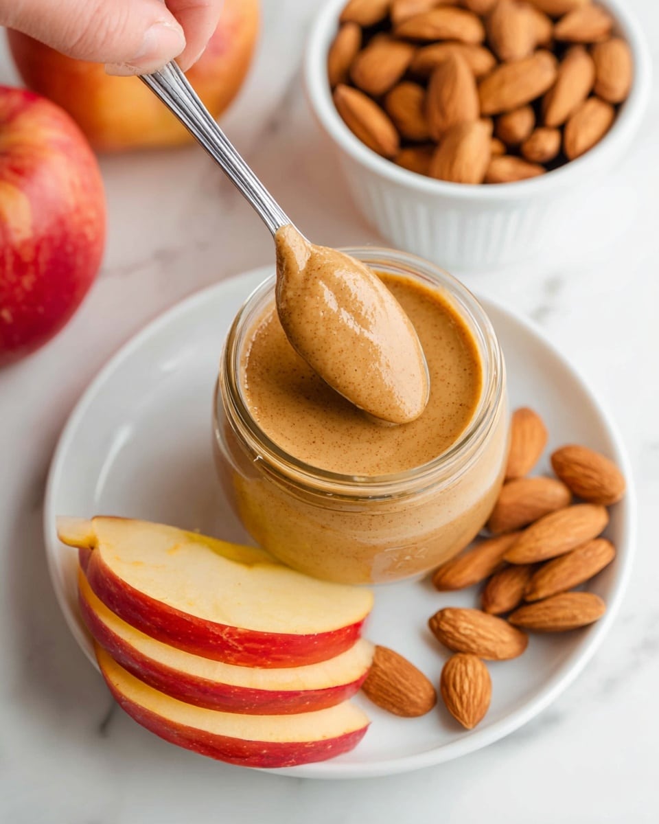 A close-up image shows a small glass jar filled with creamy, light brown almond butter with a smooth texture. A woman's hand holds a shiny silver spoon dipped in the almond butter above the jar. Three apple slices with red and yellow skin lean against the jar on a white plate. A few whole almonds are arranged on the plate and a white bowl filled with almonds is blurred in the background. The surface beneath is a white marbled texture. Photo taken with an iphone --ar 4:5 --v 7