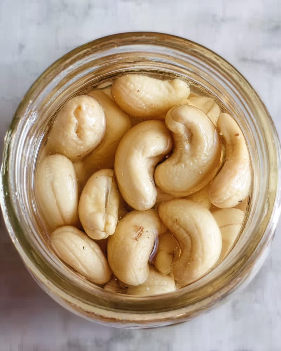 A close-up top view of a glass jar filled with light beige cashew nuts submerged in clear liquid, the jar sitting on a white marbled surface. The cashews are whole, smooth, and packed tightly inside the jar, showing some slight shine from the liquid. The texture of the nuts contrasts with the shiny glass rim of the jar that frames them. Photo taken with an iphone --ar 4:5 --v 7