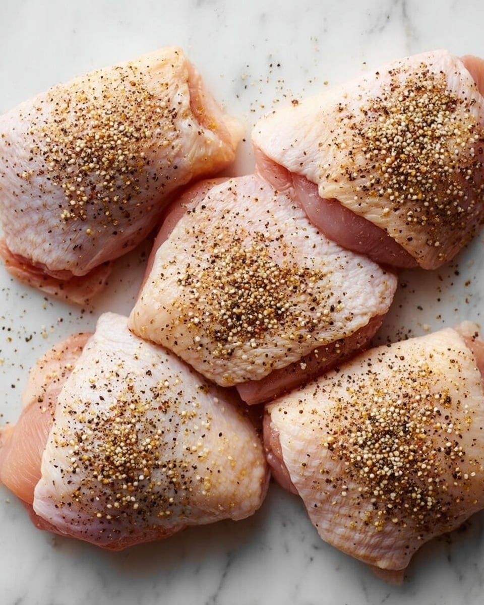The image shows five pieces of raw chicken thighs arranged closely on a white marbled surface. Each chicken thigh has a skin layer that is pale pink with a slightly wrinkled texture. On top of the skin, there is a thin layer of coarse salt and ground black pepper, sprinkled evenly across the surface of each piece. The pepper has dark brown and black spots, while the salt is white and crystalline, adding a dry and grainy texture to the image photo taken with an iphone --ar 4:5 --v 7