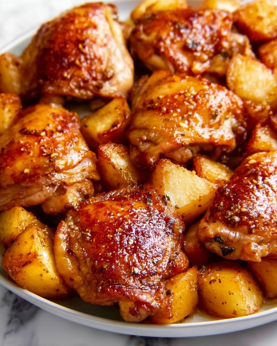 The image shows several pieces of roasted chicken thighs with a golden-brown, crispy skin, and a slight gloss from the cooked juices. Around the chicken, there are chunks of roasted potatoes with a similar golden color and a slightly rough texture. The chicken and potatoes are mixed closely together on a white plate, and the background is a white marbled surface. The scene is brightly lit, highlighting the textures of the roasted ingredients. Photo taken with an iphone --ar 4:5 --v 7