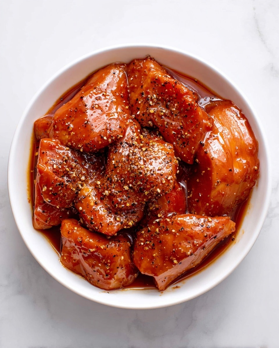 A white shallow bowl holds several pieces of raw chicken coated in a shiny, thick reddish-brown marinade. The chicken pieces are glossy and sprinkled with black pepper on the surface, showing some texture and raw meat details. The bowl is set on a white marbled background. photo taken with an iphone --ar 4:5 --v 7