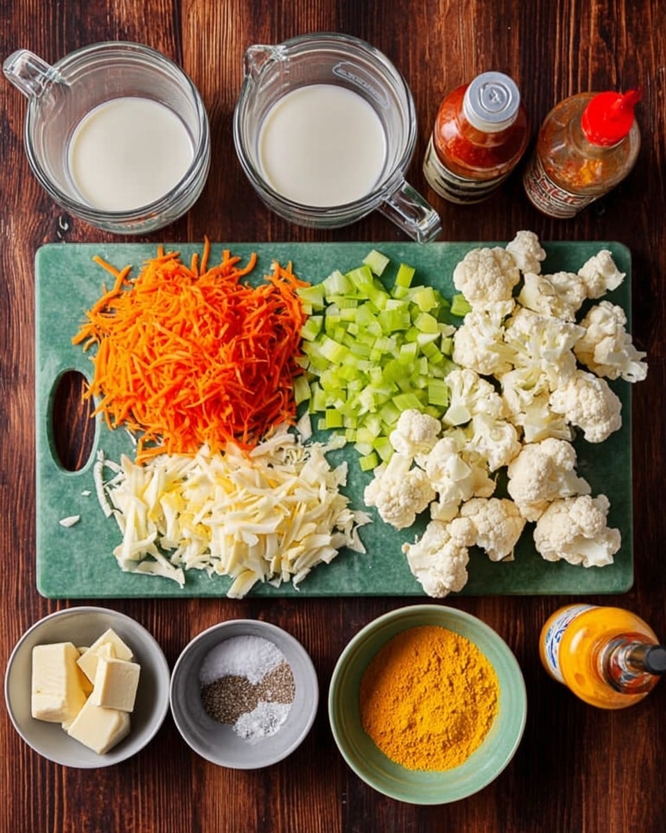 A white marbled surface holds a green cutting board filled with four piles of ingredients: shredded bright orange carrots on the left, small light green celery pieces next, then white cauliflower florets on the right. Surrounding the board are clear glass measuring cups with water and milk, a white small bowl with butter chunks, a gray small bowl with white flour, and small white and green bowls with salt and black pepper. There is also a small orange bowl with yellow powder, and two hot sauce bottles, one with a red cap and one with a brown cap. The background is a dark wood texture. photo taken with an iphone --ar 4:5 --v 7