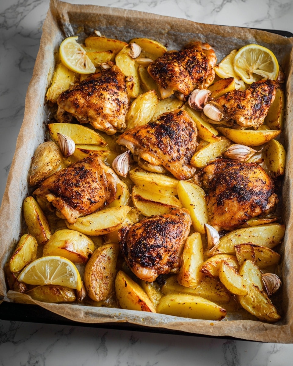 The image shows a baking tray with golden brown baked chicken thighs and thick potato wedges. There are eight pieces of chicken, each with a crispy, seasoned skin that has dark brown, slightly charred spots. The potato wedges are a mix of yellow and golden brown with some browned edges, arranged around the chicken pieces. Slices of lemon and whole garlic bulbs with the tops cut off are scattered among the chicken and potatoes. The tray is lined with parchment paper, and the scene is shot on a white marbled surface. photo taken with an iphone --ar 4:5 --v 7