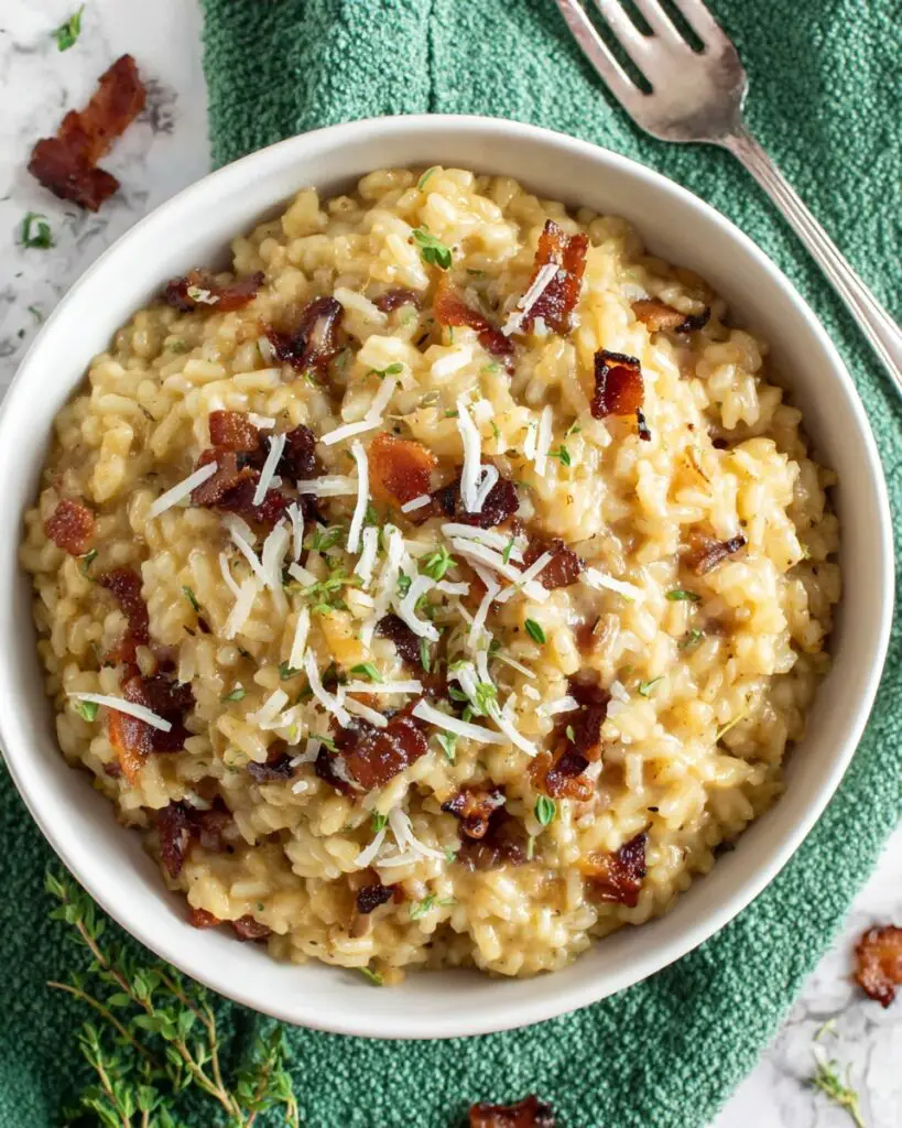 Bacon Risotto with Caramelized Onions, Goat Cheese, and Parmesan Recipe