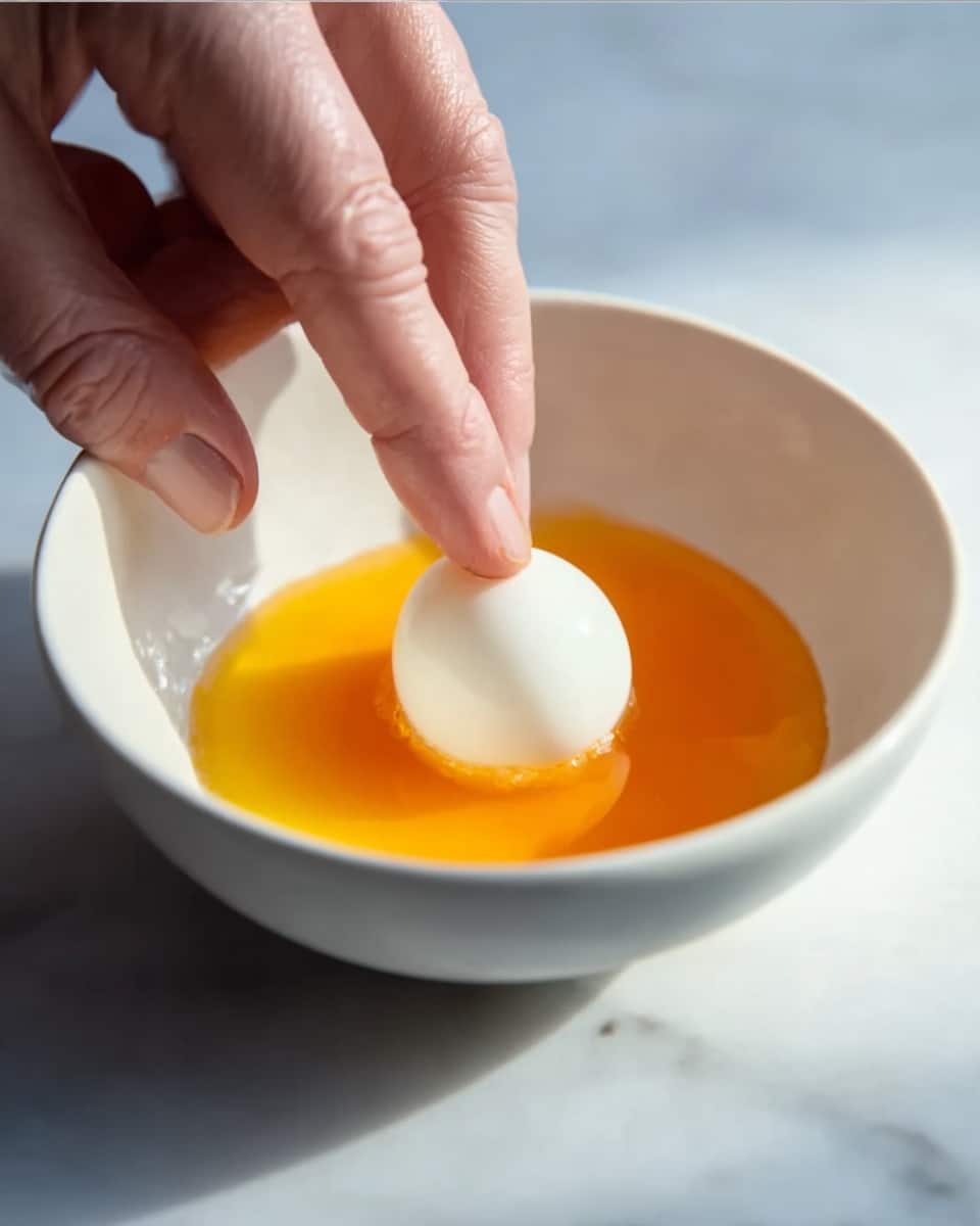 A white bowl holds a small round white ball being gently picked up by a finger from a larger finger. The ball rests in a layer of bright orange liquid that spreads across the bottom of the bowl. The bowl is placed on a white marbled surface, with soft lighting making the orange liquid glow. photo taken with an iphone --ar 4:5 --v 7