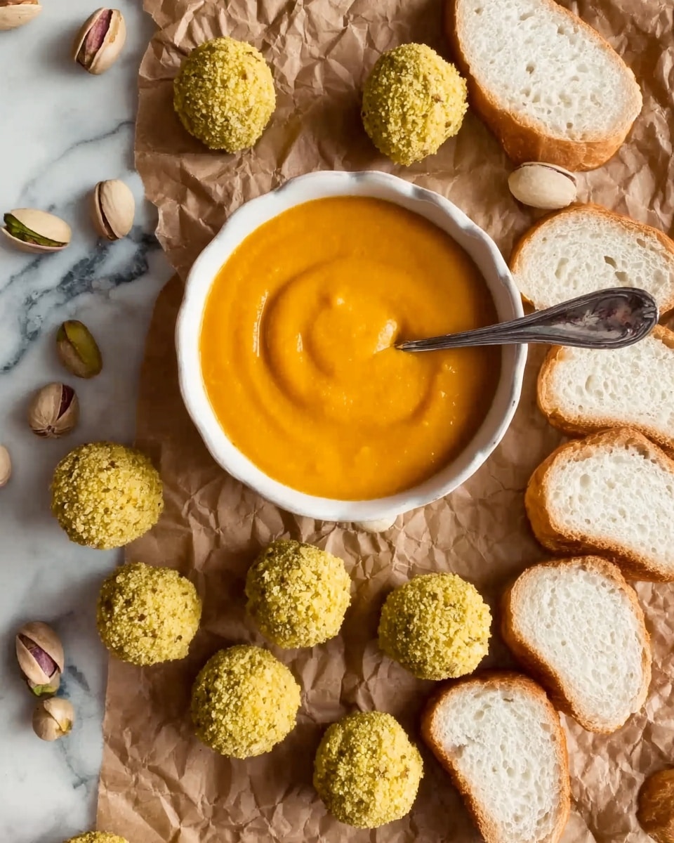 The image shows a white bowl filled with smooth orange soup with a spoon inside it, placed on a crumpled brown paper. Around the bowl are eight small round yellow balls with a crumbly texture, arranged in a scattered pattern. To the right of the bowl, there are slices of white bread with a soft texture, placed around the edge. To the left, there are several pistachio nuts, some whole and some open, also scattered on the brown paper. The background is a white marbled surface. photo taken with an iphone --ar 4:5 --v 7