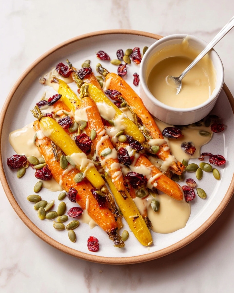The dish shows a white plate with roasted baby carrots that are a mix of orange and yellow colors, arranged in a rough pile around the plate. On top, there is a smooth light beige creamy sauce drizzled evenly over the carrots. Scattered across the dish are small bright red dried cranberries and green pumpkin seeds, adding texture and color contrast. Next to the plate, a small white bowl holds extra sauce with a spoon inside it. The plate is placed on a white marbled surface. photo taken with an iphone --ar 4:5 --v 7